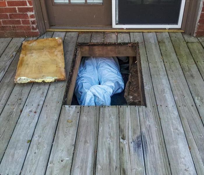 worker with protective gear going inside a crawlspace, you can only see feet and legs